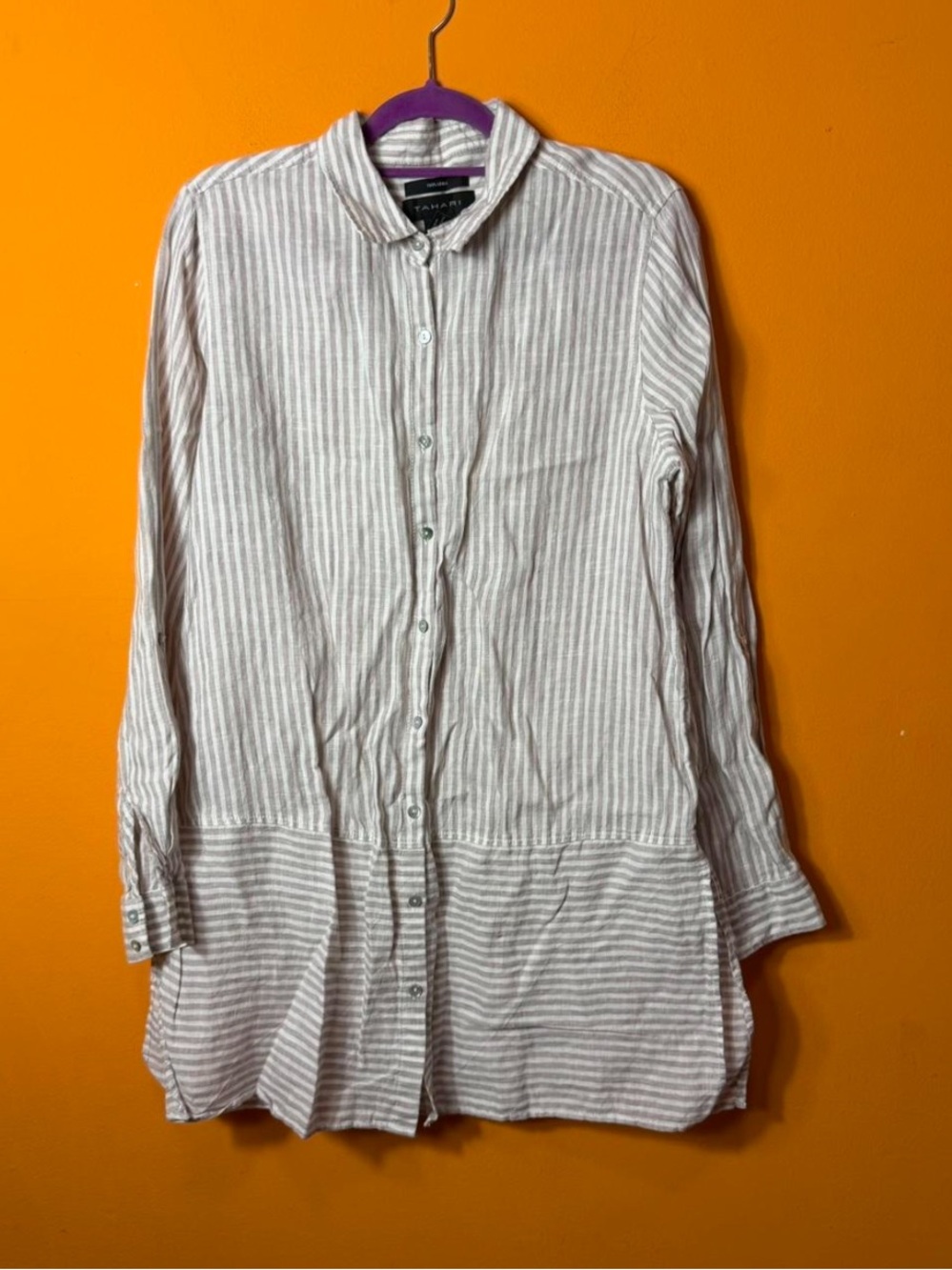 Tahari Women’s 100% Linen Longline Striped Button-Up Shirt - Light Gray/White